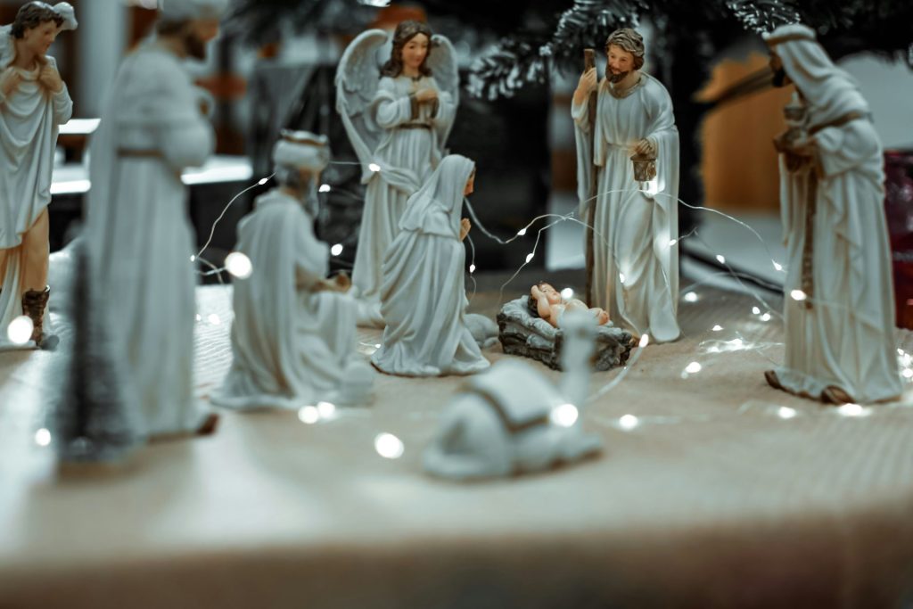 Christmas nativity scene with religious figures.